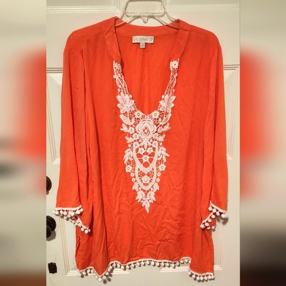 Suzanne Betro Women's 3/4 Bell Sleeve Tunic Size 1X Tangerine - Picture 1 of 7